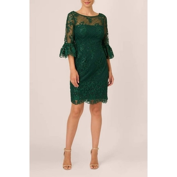 Adrianna Papell Dresses & Skirts - NWT Adrianna Papell Forest Green Embroidered Lace Ruffle Sleeve Dress Size 4
